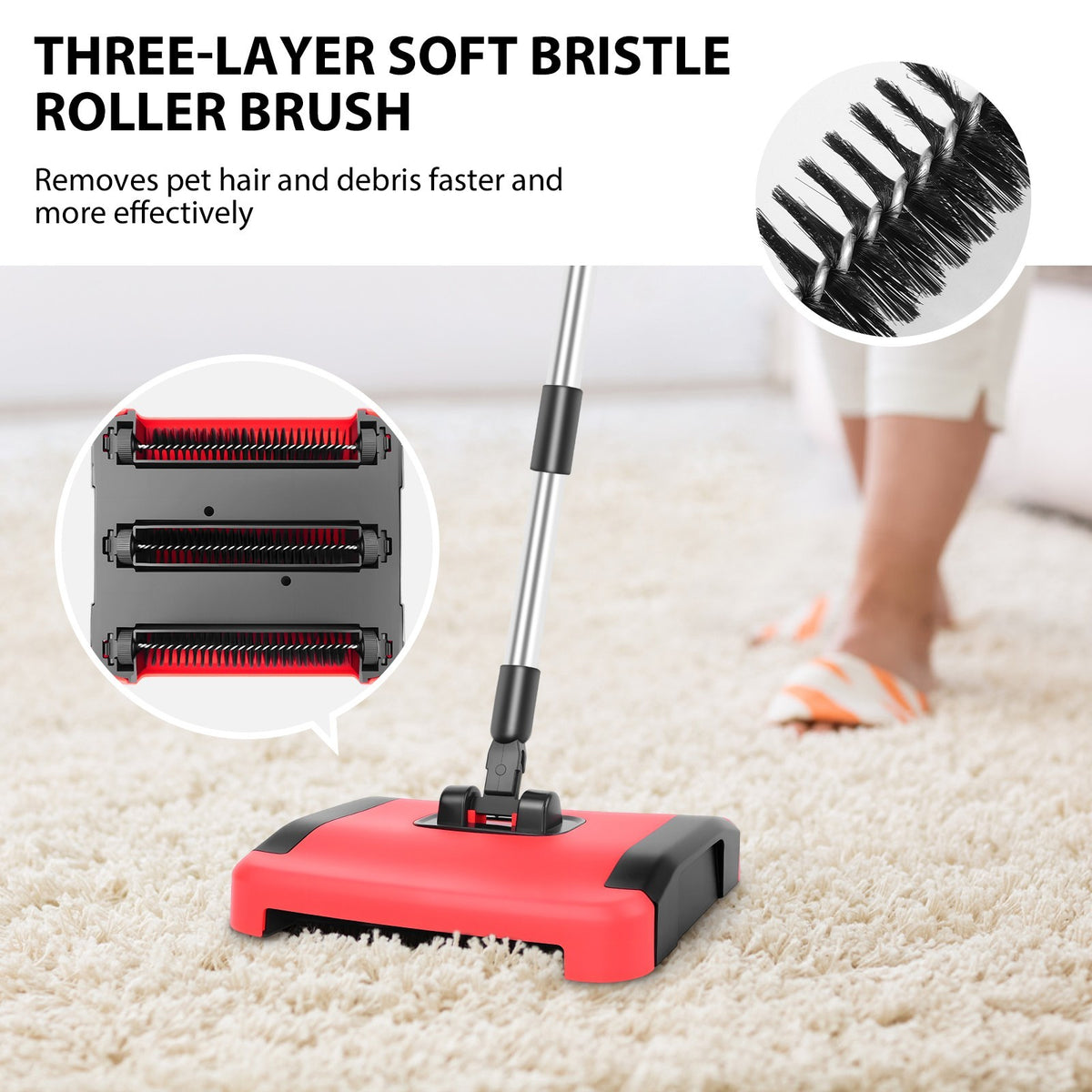 Manual Carpet Sweeper 180° Rotating, No Electricity, Quick Clean Rugs Hardwood