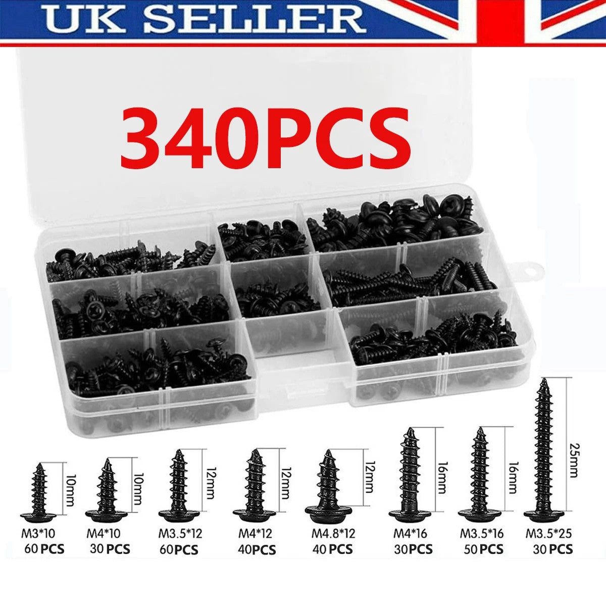 340Pcs Phillips Self Tapping/Drilling Black Screws Wafer Head for Timber & Metal