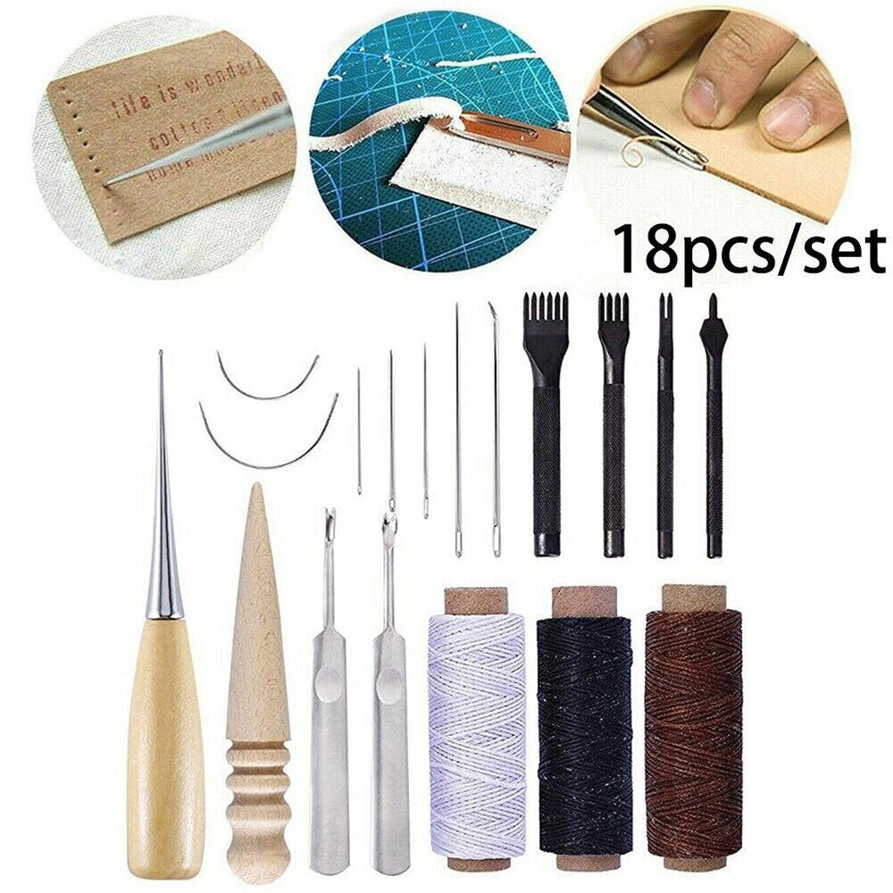 18Pcs Leather Craft Tool Kit Stitching Sewing Beveler Punch Working Hand Tools