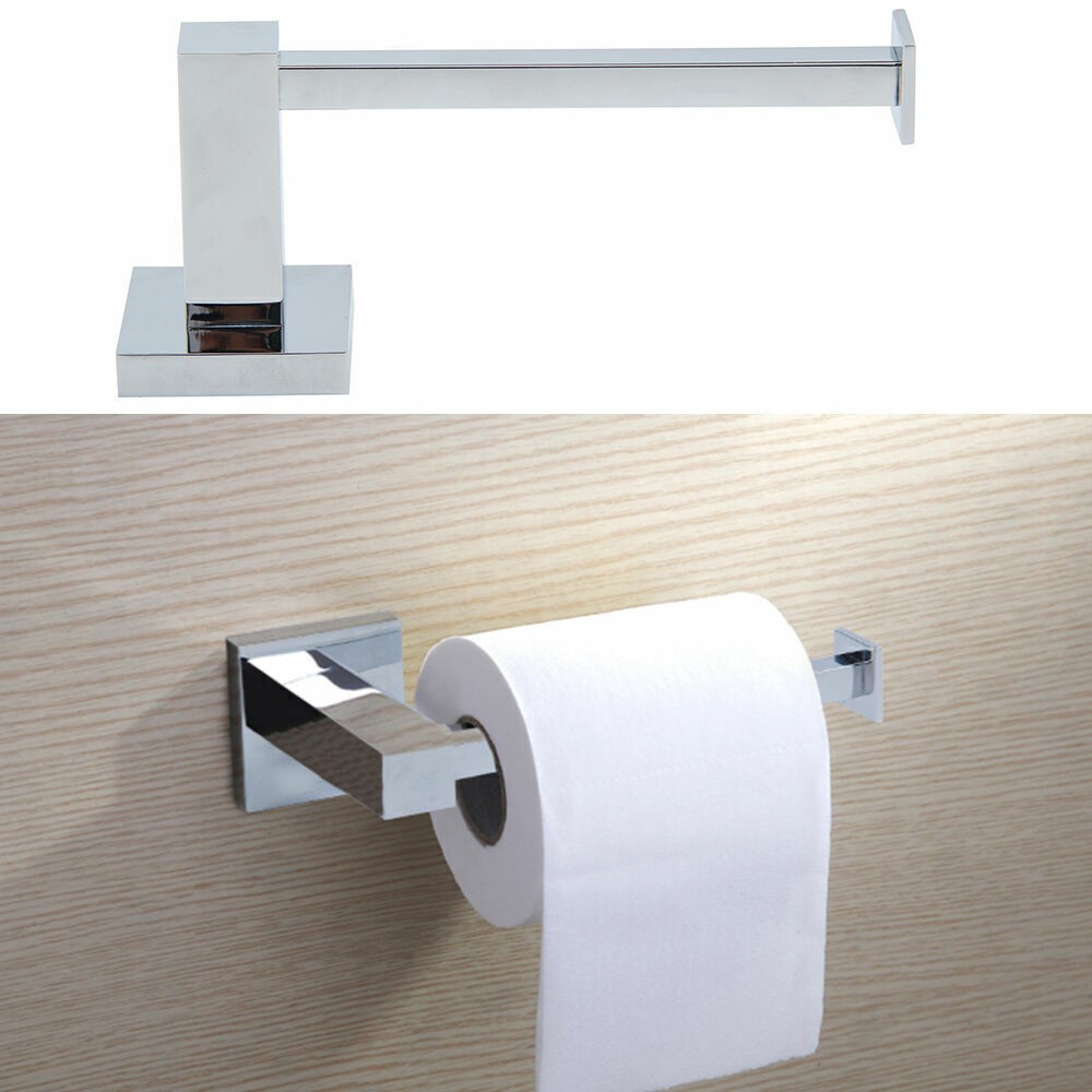 Wall Mounted Toilet Roll Holder Chrome Tissue Paper Stand Bathroom Bar Square