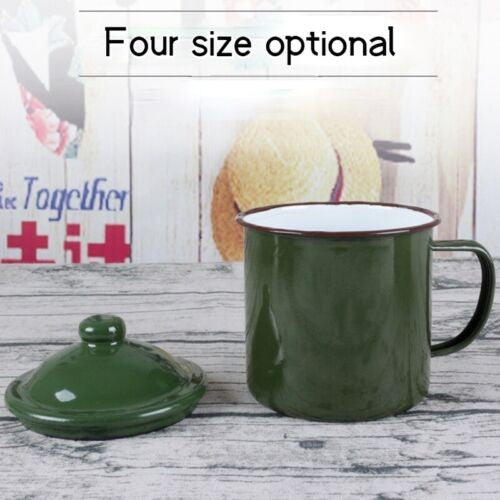 Armygreen Enamel Mug Vintage Travel Camping Tea Cup with Lid Drinkware