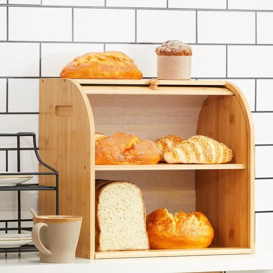Double Layer 2 Tier Roll Top Bread Bin Slide Lid Kitchen Food Storage Rack Box