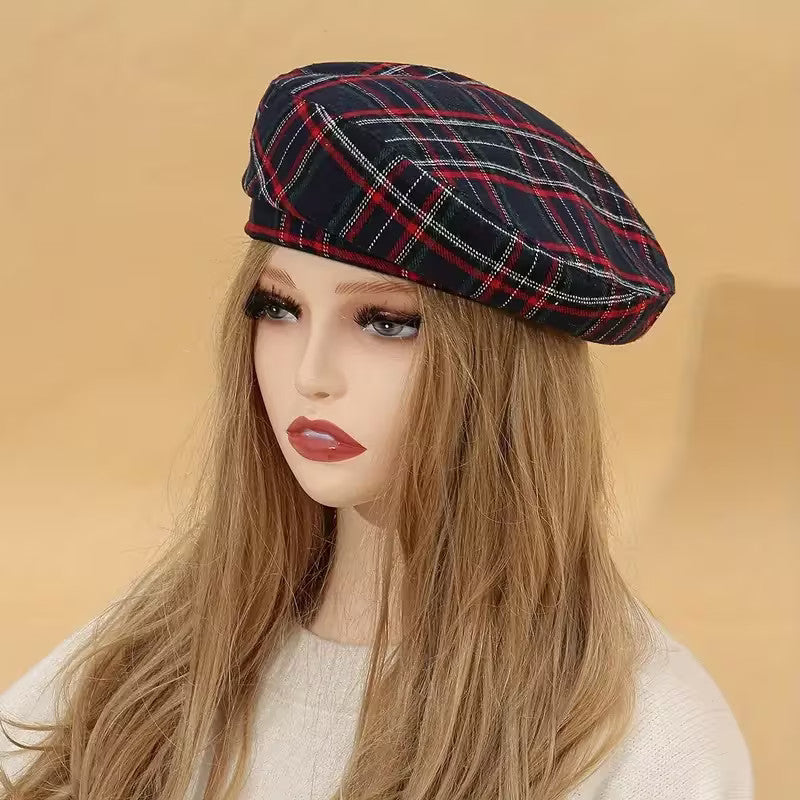 Women Striped Jacquard Beret Classic Casual Plaid Vintage Flat Top Painter Cap