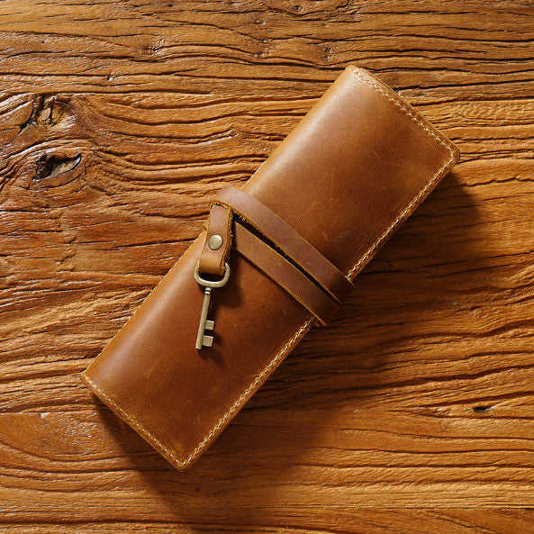 Leather Pencil Case Roll Up Retro Pen Holder Storage Pouch Pen Curtain
