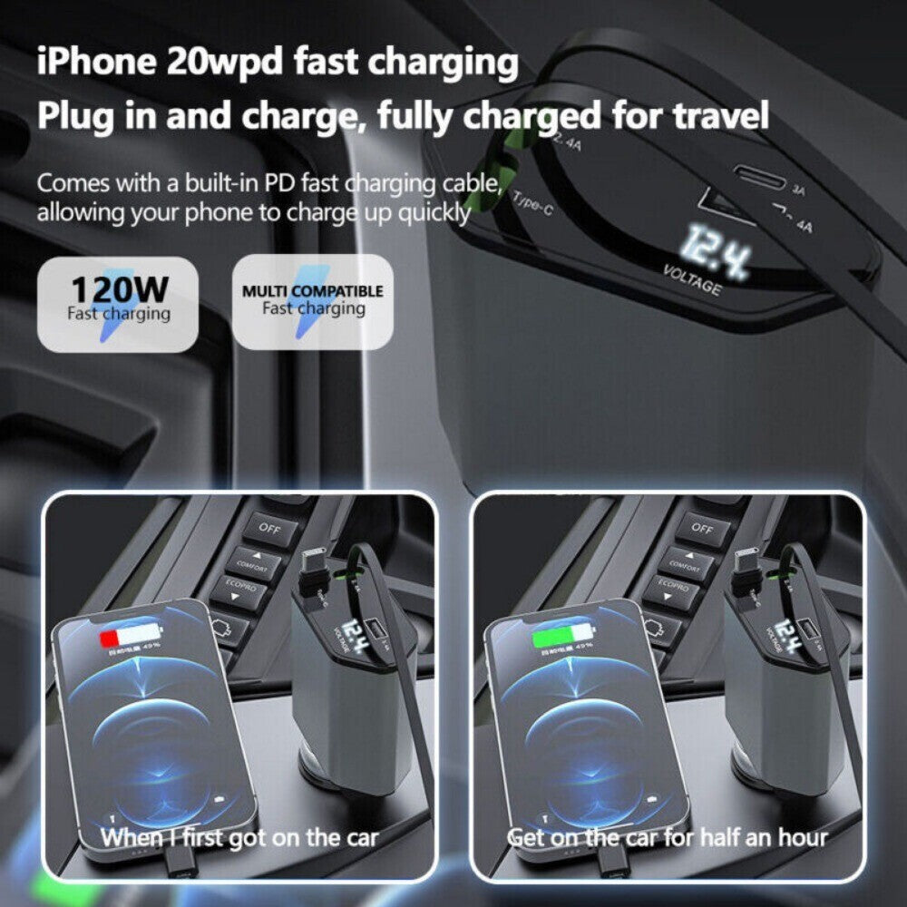 4 in1 Retractable Fast Car Charger with Starlight 120W USB C for iPhone &Android