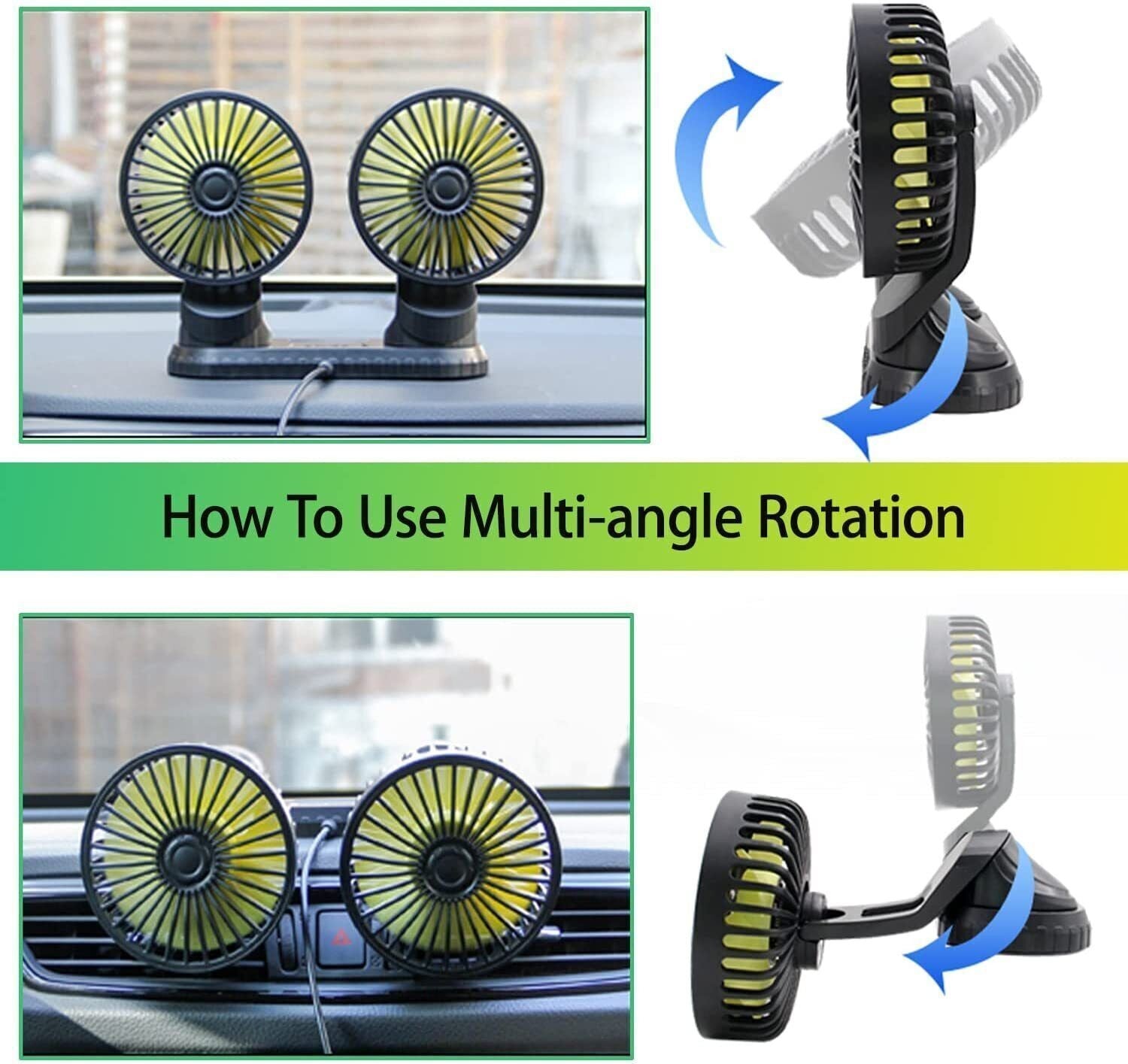 Portable 2 Head Fan 360° Rotatable Car Cooling Air Fan 5V Dual Head Fan USB