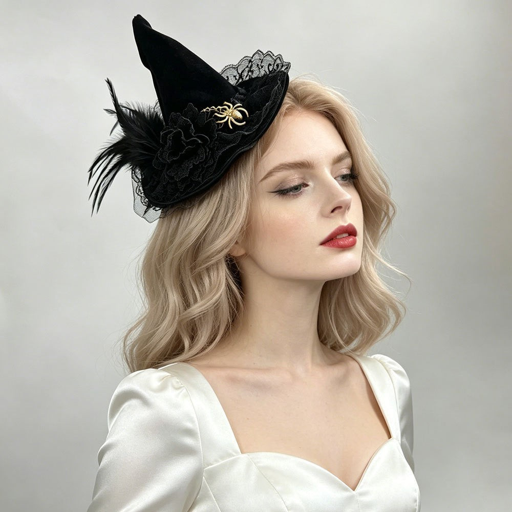 Mini Witch Hat Lace Feather Golden Spider Gothic Halloween Fancy Dress Headband