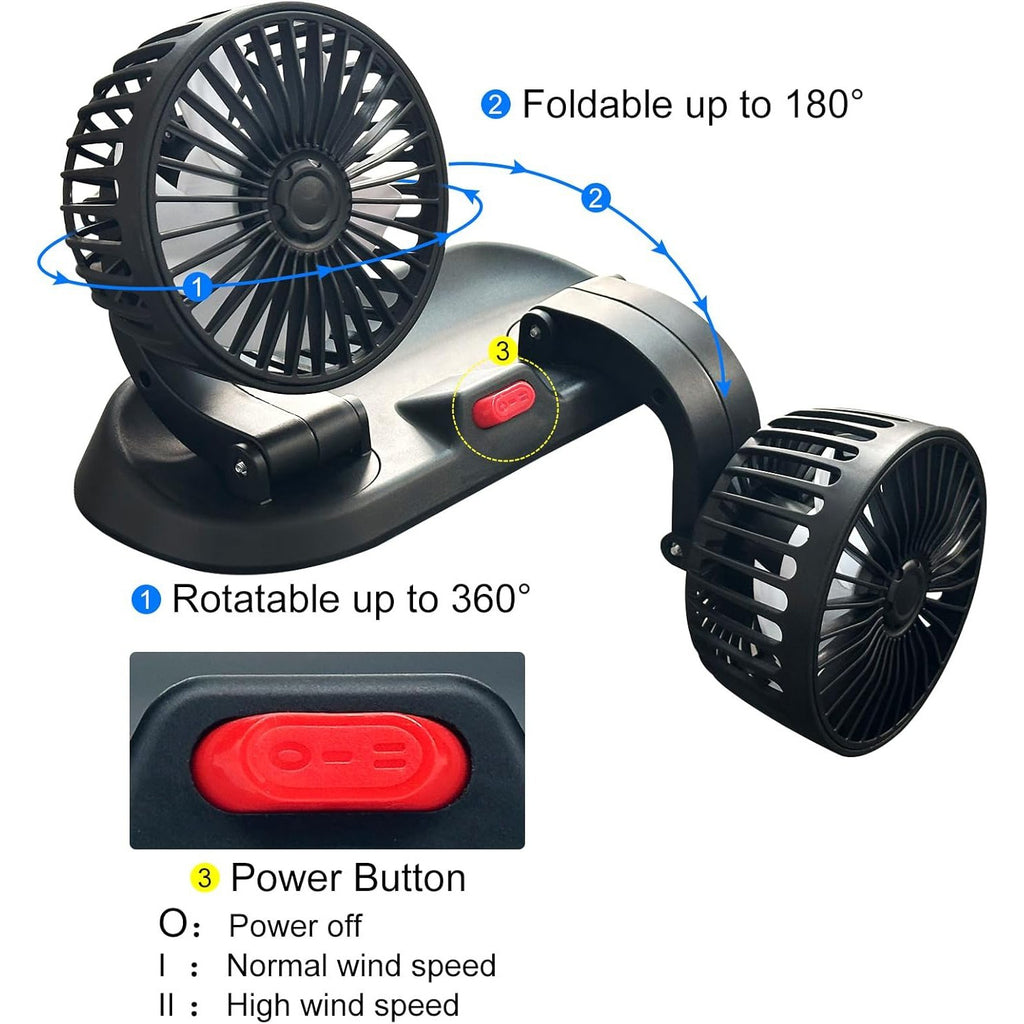 Dual Head USB Car Fan Portable Vehicle Truck 360° Rotatable Auto Cooling Cooler