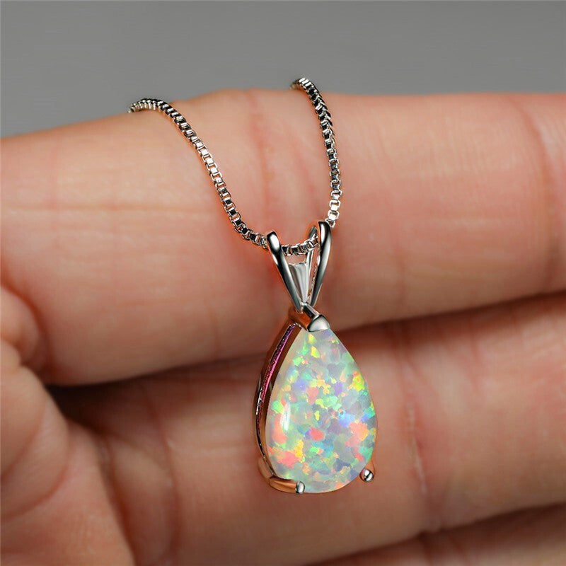 White Opal Pendant Necklace Minimalist Droplet Fire Opal Stone Jewellery