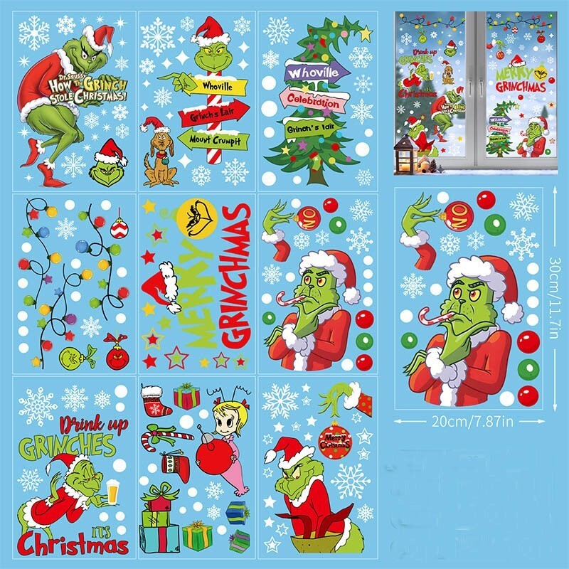 Christmas Grinch's Removable Window Stickers Xmas Art Decal Wall Home Shop Decor