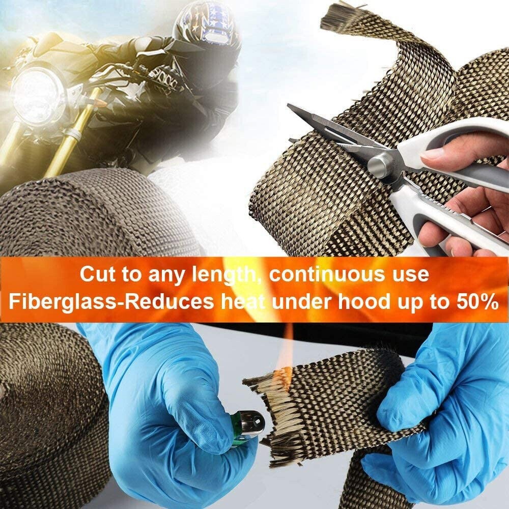 Titanium Gold Heat Wrap Tape 2 Rolls 10M Manifold Downpipe Exhaust With 20 Ties