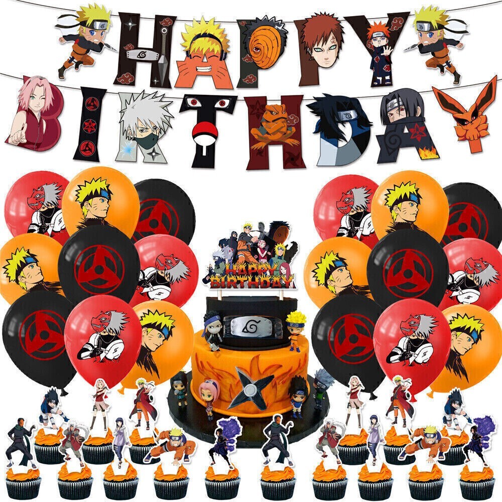 Naruto Theme Happy Birthday Balloons Banner Bunting Cake Topper Party Decor Set