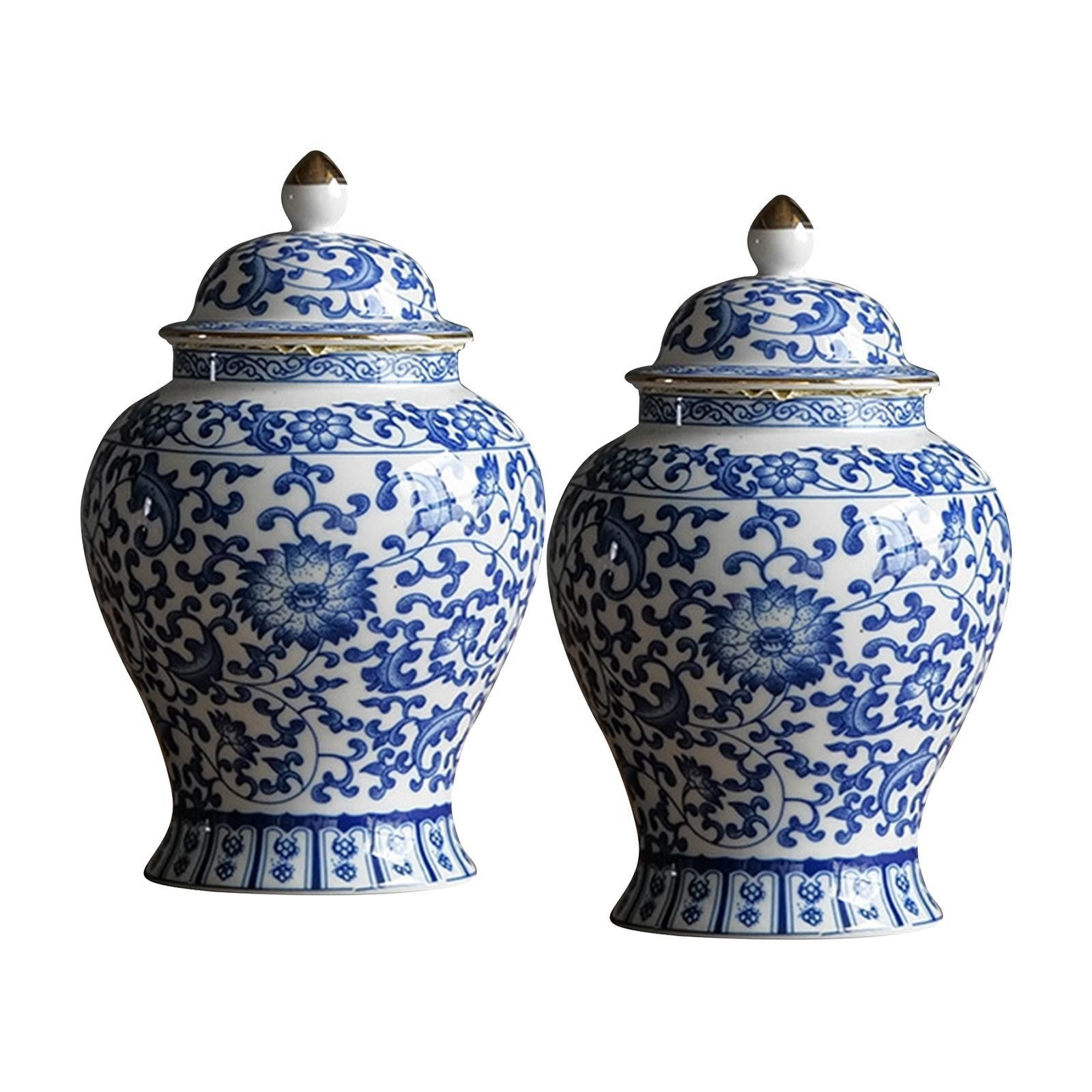 2x Traditional Ceramic Ginger Jars Floral Arrangement Glazed Porcelain Jar