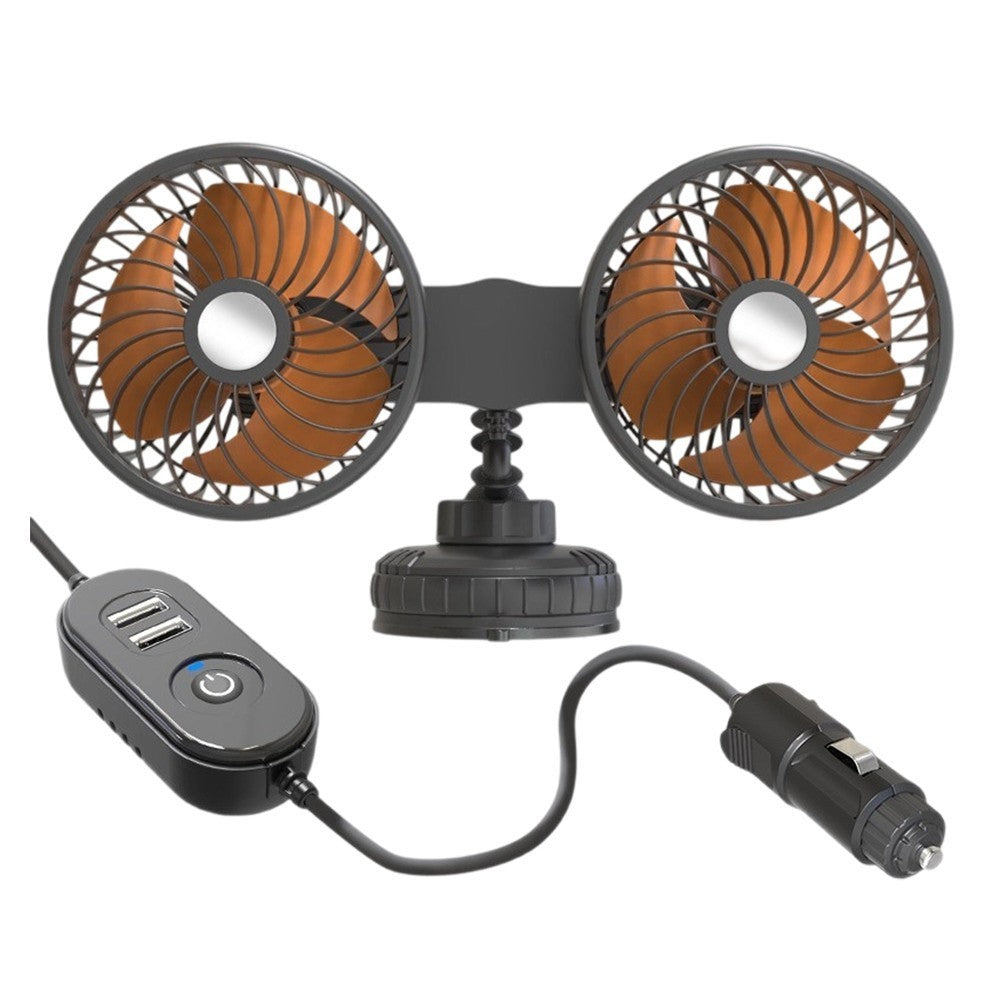 Car Fan for 12V 24V Systems with Suction Cup Mount and Dual Head Airflow Design*