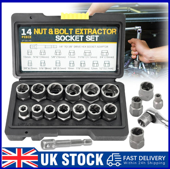 14pcs Locking Wheel Lug Nut Removal Tool Stud Bolt Impact Twist Socket Extractor