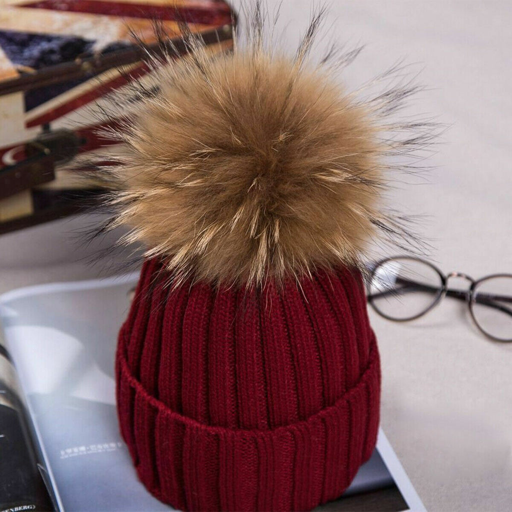 Womens Warm Winter Hat Genuine Fur Pom Pom 15cm Ball Knit Beanie Ski Caps