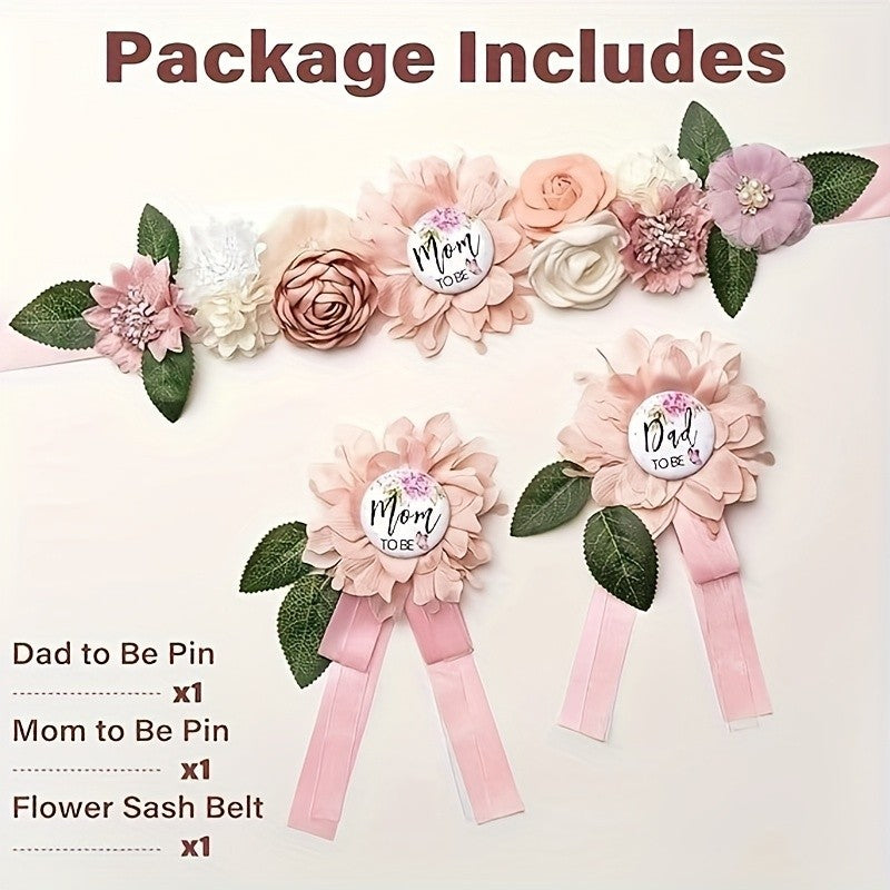 3pcs Expectant Mothers Belts And Badges Mom And Dad Flower Belts Maternity Sets