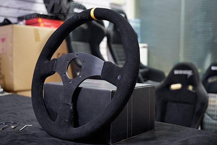 350mm 14' OMP Genuine Suede Leather Black Stitching Flat Sport Steering Wheel
