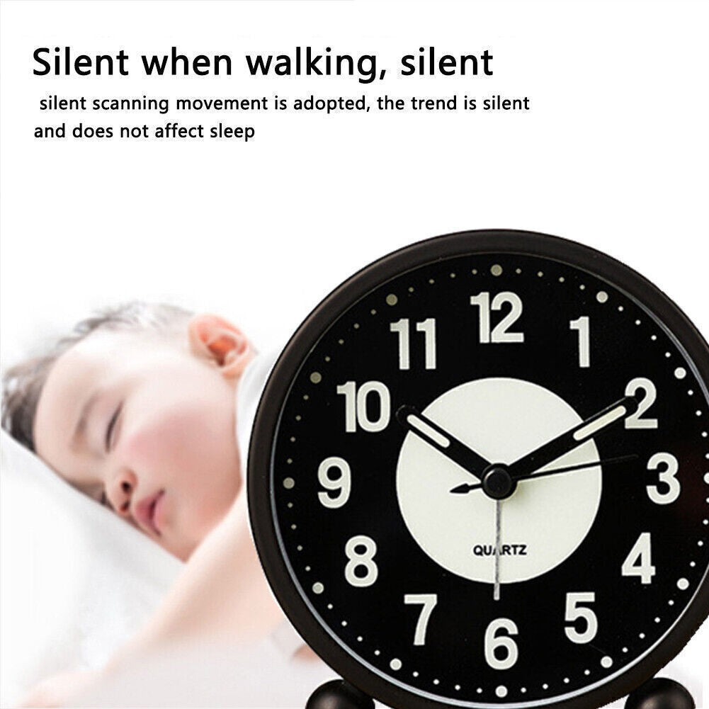 UK Silent Bedside Alarm Clock Non Ticking Glow in the Dark Bedroom Clock