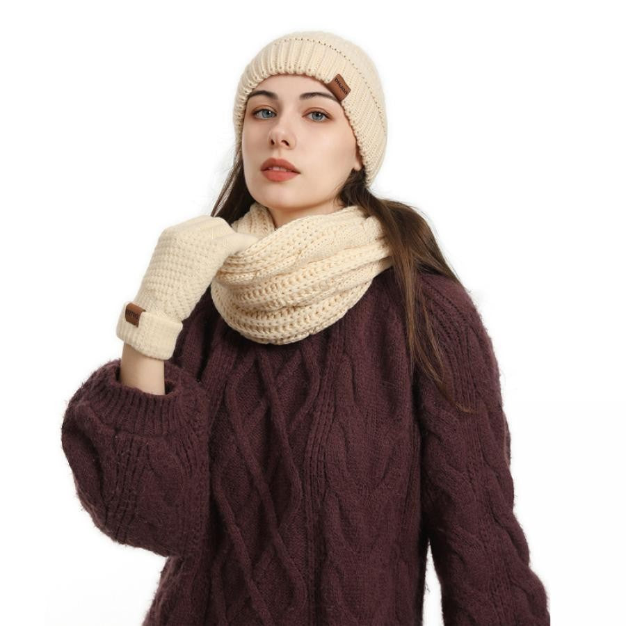 Hat Scarf and Gloves Set Ladies, Winter Beanie Hat for Women with Pom Pom Fleece