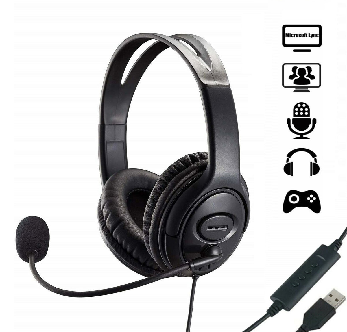 USB Headphones with Microphone Noise Cancelling Headset for PC Skype Laptop UK