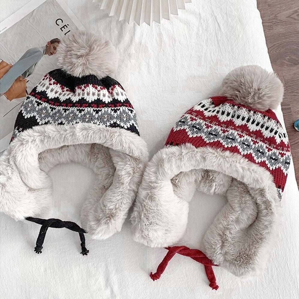 Ladies Warm Beanie Cap Knitted Bobble Hat with Ear Flaps Winter Trapper Hat