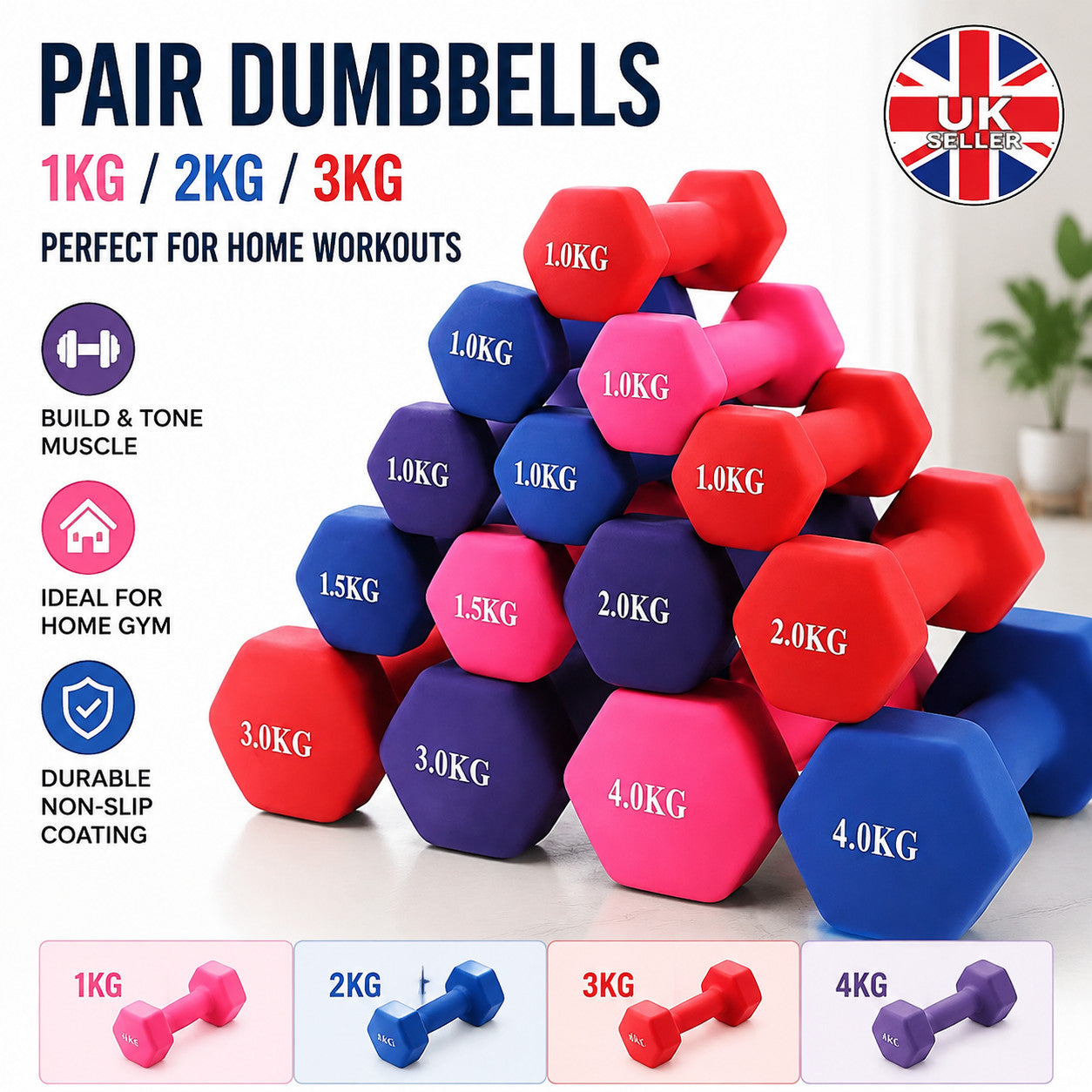Pair 1kg 2kg 3kg Dumbbell Fitness Hand Weights Set for Women Home Gym Workout UK