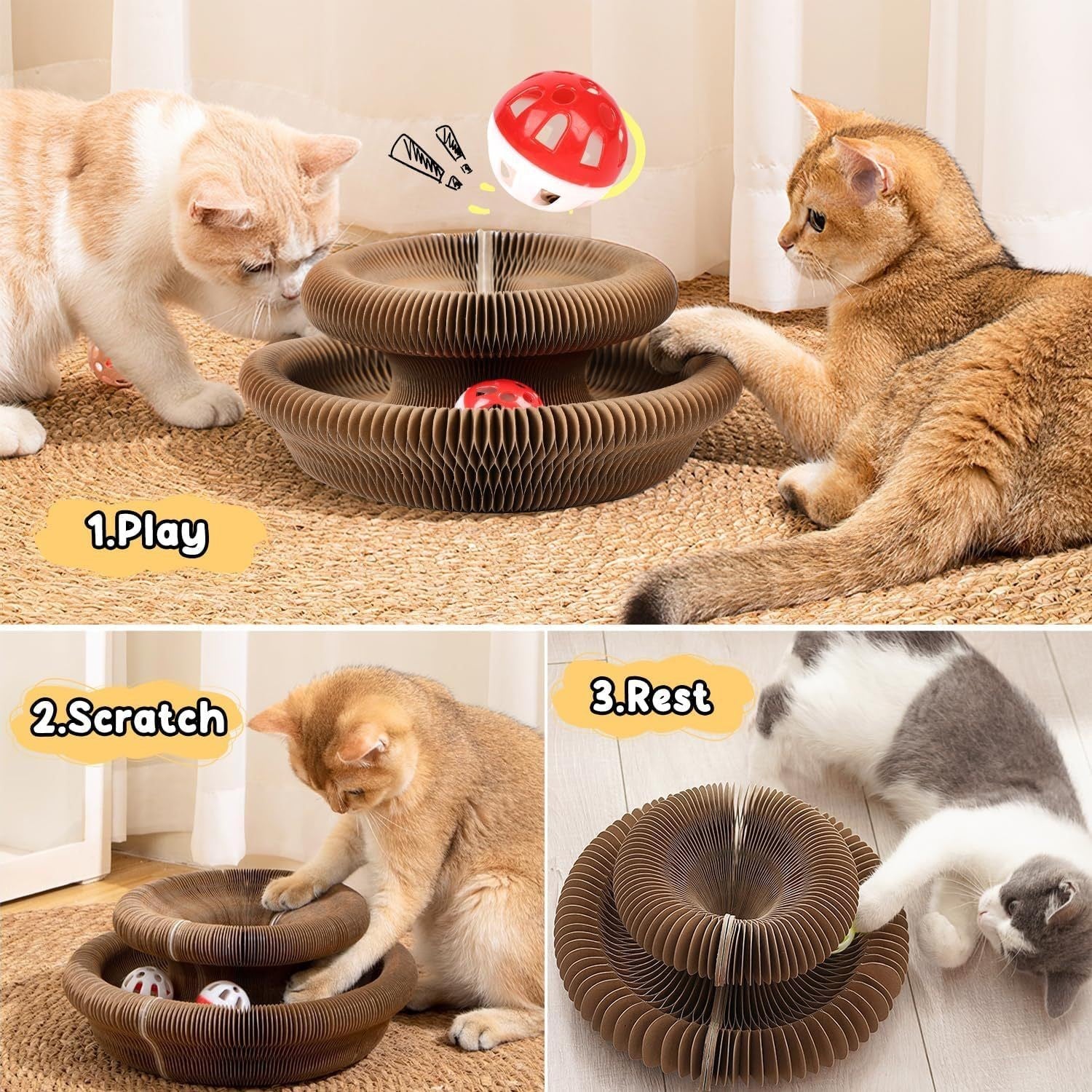 2 Pack Foldable Accordion Cat Scratcher Board Toy Ball Interactive Pet Toy