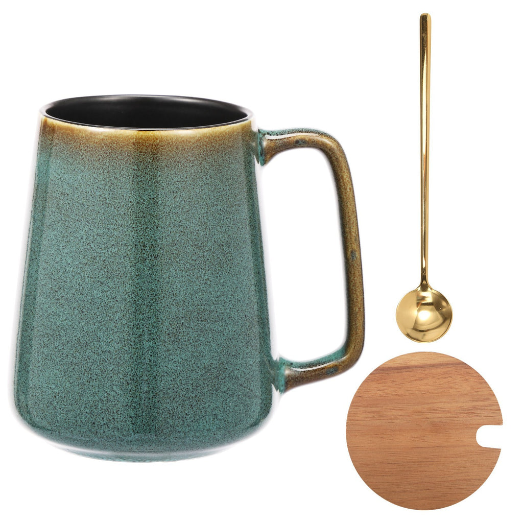 Large Ceramic Coffee Mug 24 OZ Coffee Cup with Spoon and Wood Lid