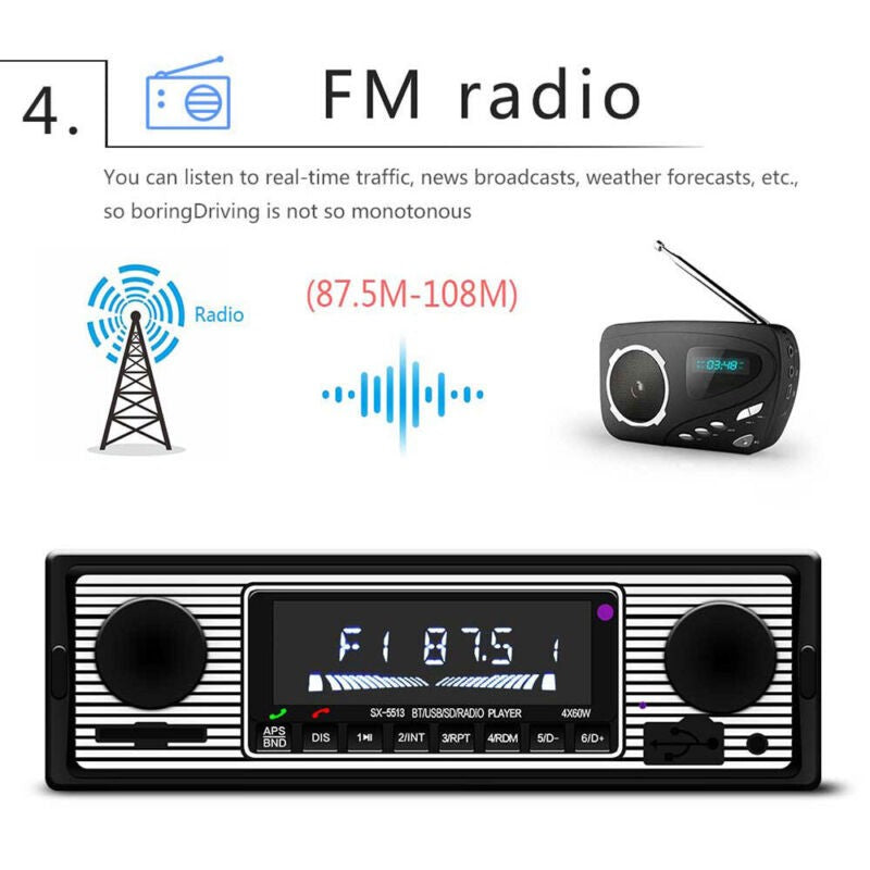 Retro Vintage Style Car Bluetooth Radio / Head Unit - Stereo - MP3 USB/AUX/SD/FM
