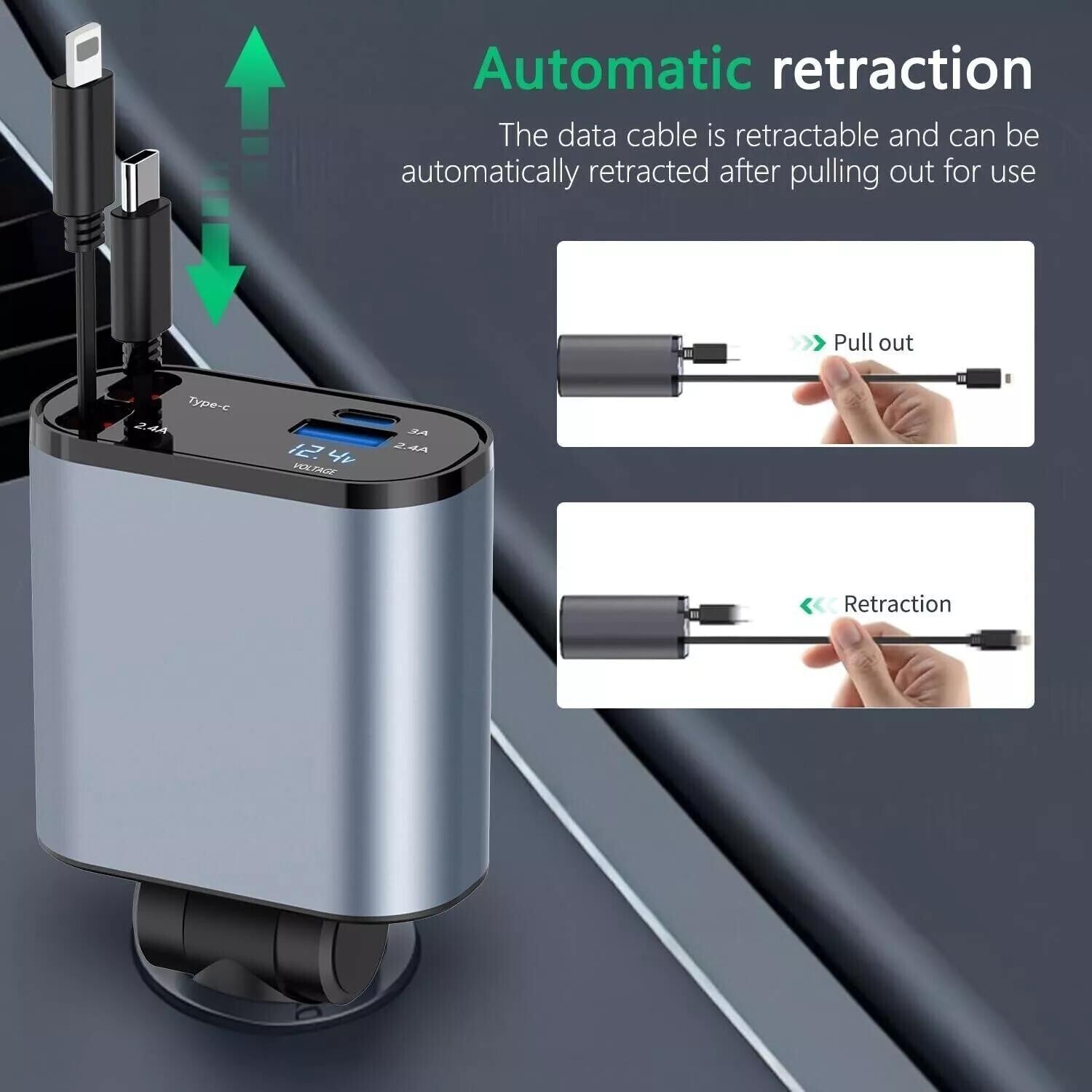 Retractable Car Charger 4IN1 120W USB Type C Cable For Phone Fast Charge Adapter
