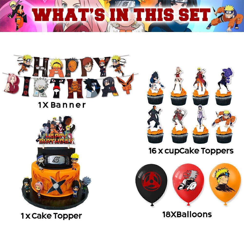 Naruto Theme Happy Birthday Balloons Banner Bunting Cake Topper Party Decor Set