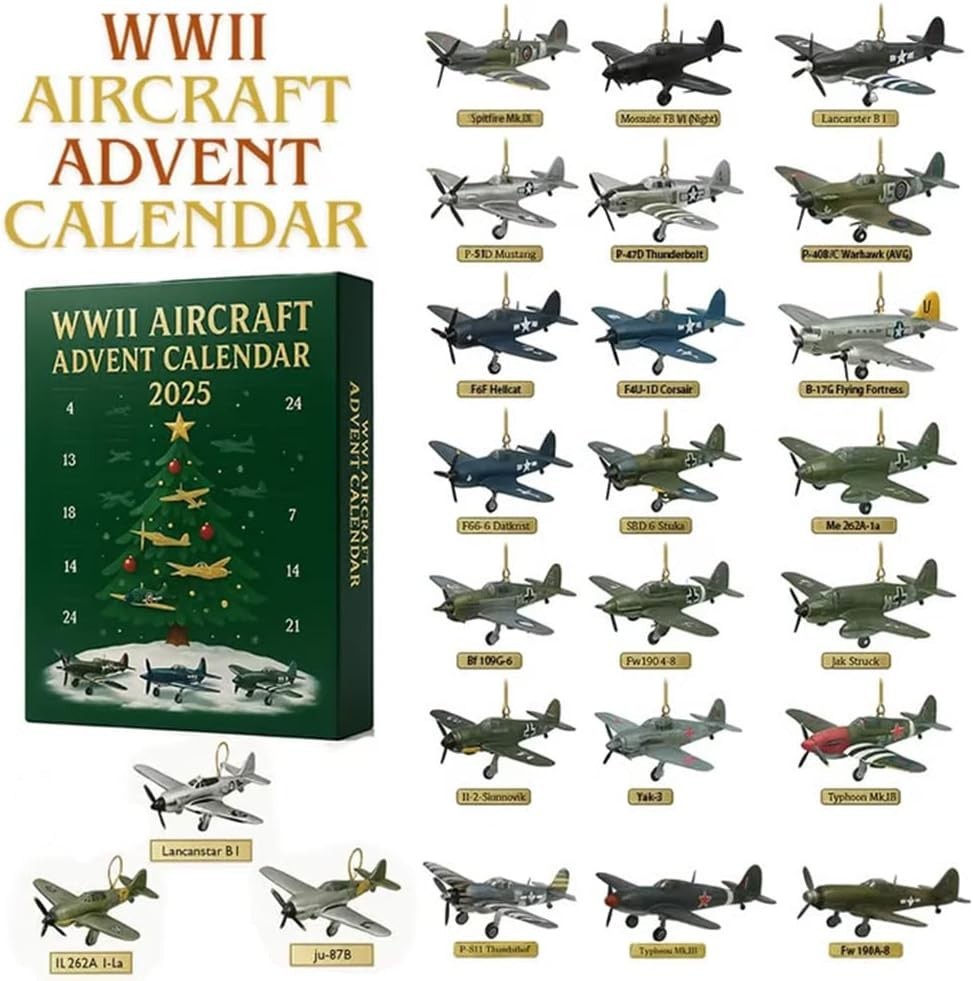 WWII Aircraft Advent Calendar, 24 Days Christmas Countdown Calendar with 24 Uniq