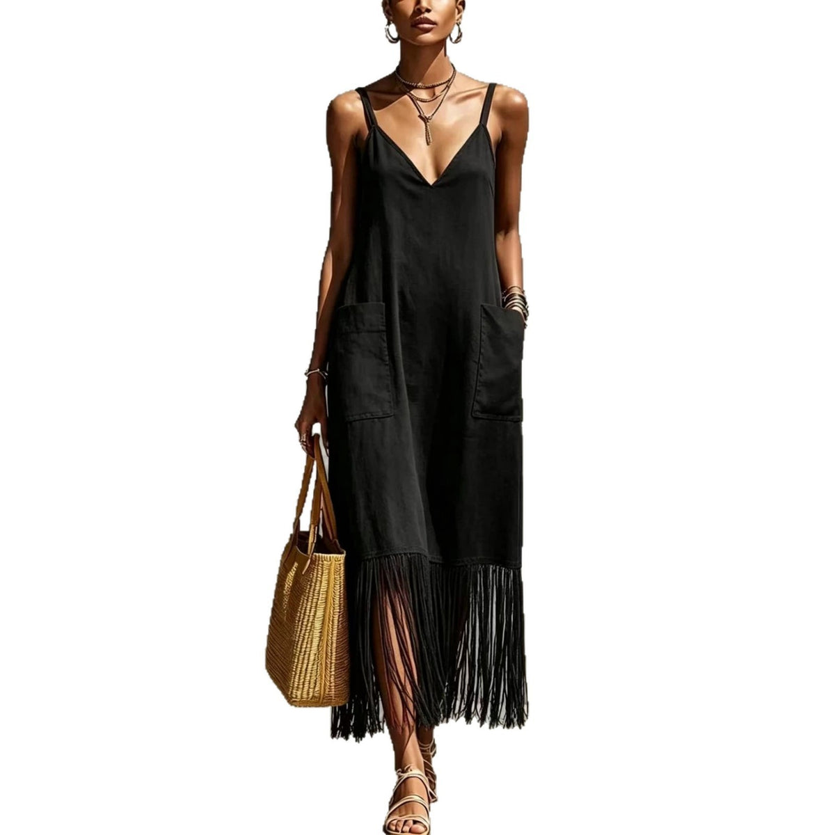 Womens Solid-Color Tassel-Hem Dress