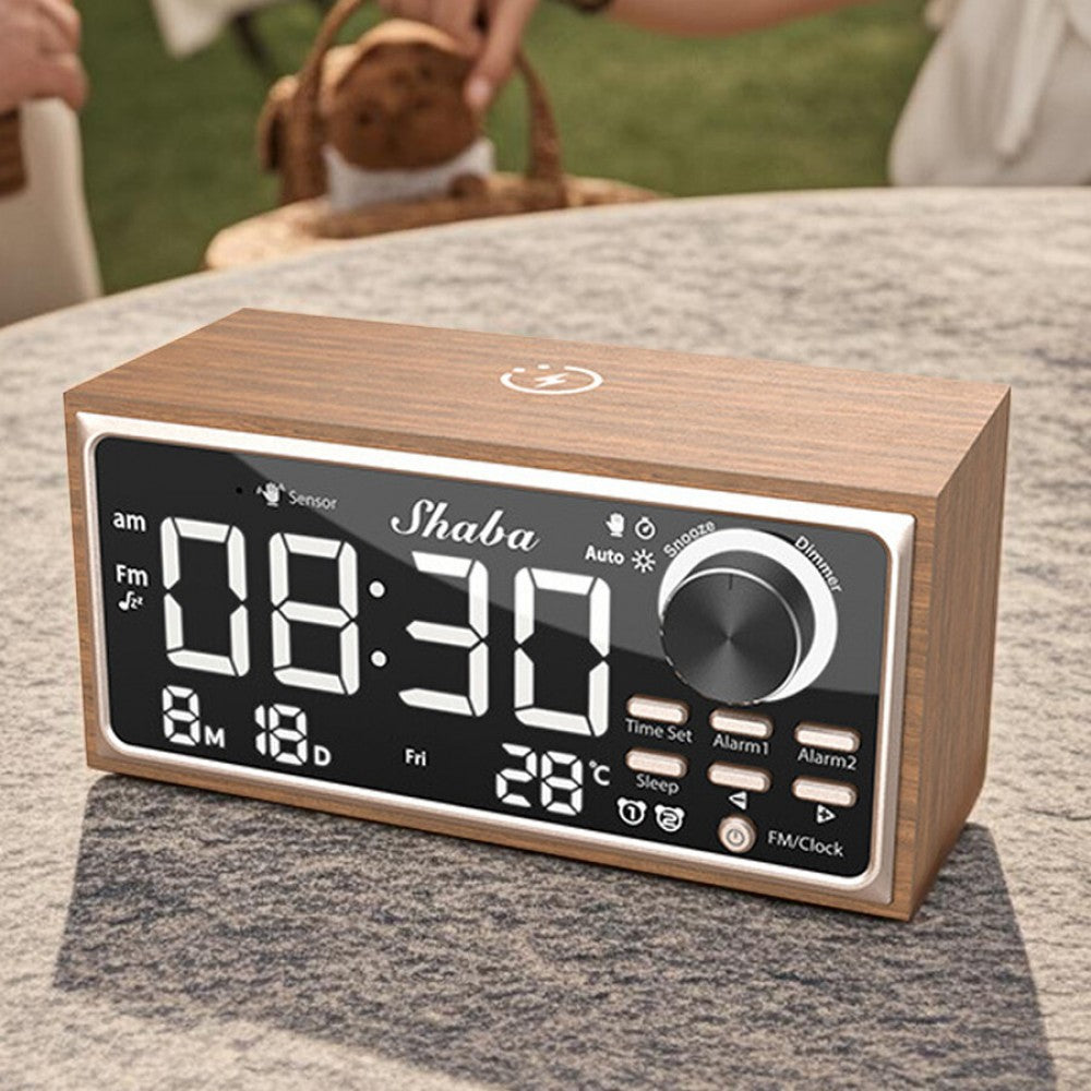 Retro Dual Alarm Clock FM Radio 15W Wireless Charging LED Display Auto-Dimming