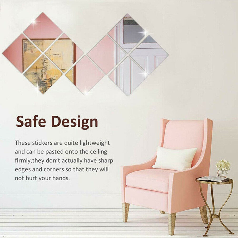 16Pcs Mirror Tiles Wall Sticker Self Adhesive Square Stick On Art Home Decor