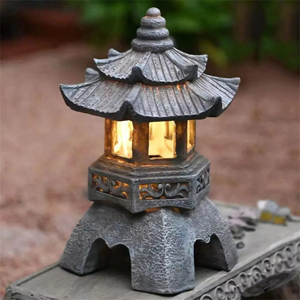 Solar Powered Pagoda Lantern Stone Tower Statue LED Solar Lamp Garden Yard Decor