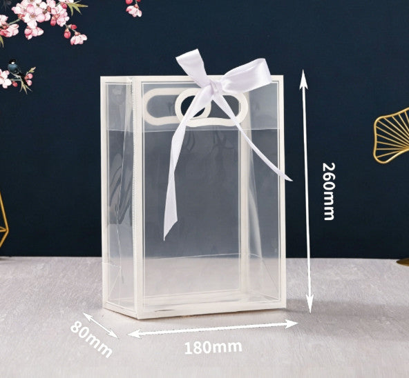 6Pcs Clear Gift Bags with Handle, 9.5x13.8x4" Favor Bags(White, White Ribbon).*