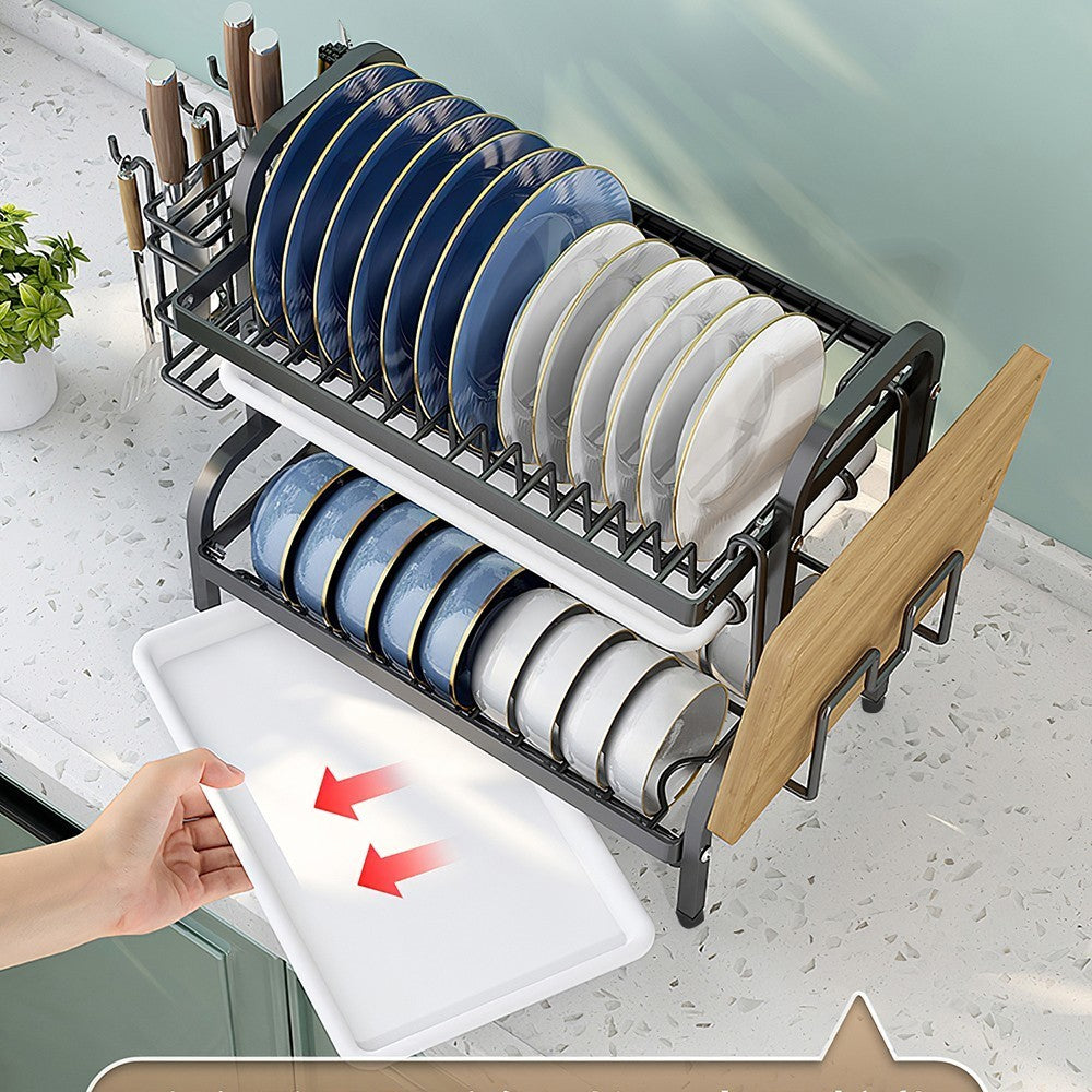 2 Tiers Large Dish Drainer Plate Rack Dryer Knives Cutlery Holder with Drip Tray