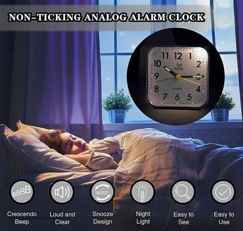 Bedside Mini Alarm Clock Analogue with Night Light – BlackWhite