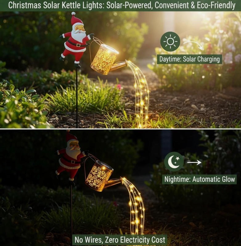 Waterproof Solar Watering Can Lights Outdoor Metal Garden  Decor Christmas Santa