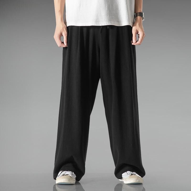 Men Wide Leg Pants Drawstring Trousers Summer Breathable Chinese Style Casual