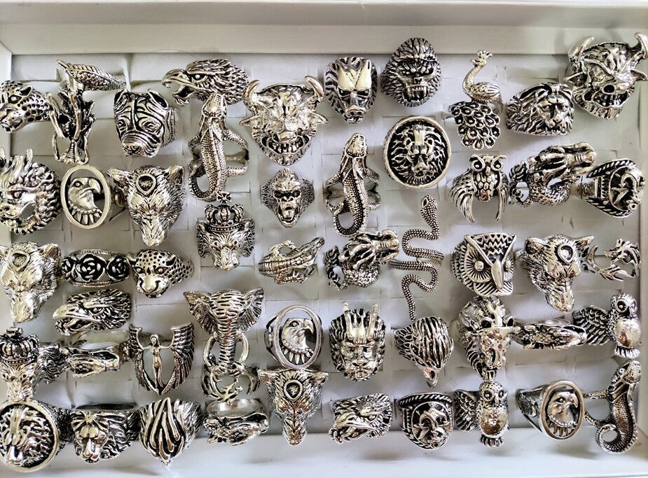 Wholesale Lot 25 Vintage Ferocious Animal Head Punk Rings Retro Jewelry For Men