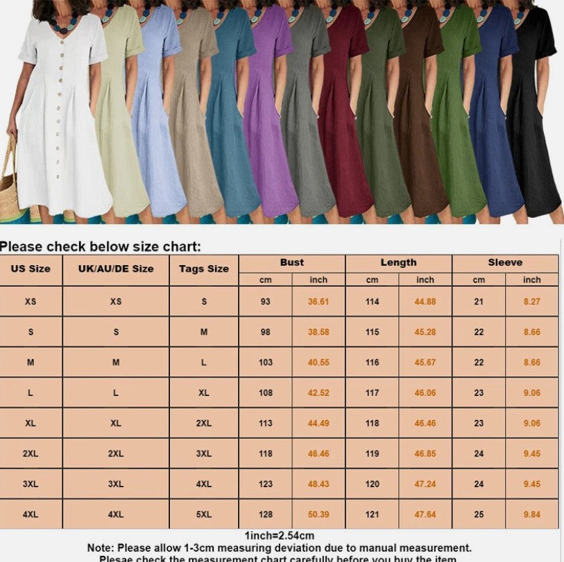 Women Cotton V Neck Short Sleeve Midi Dress Ladies Summer Casual Button Sundress