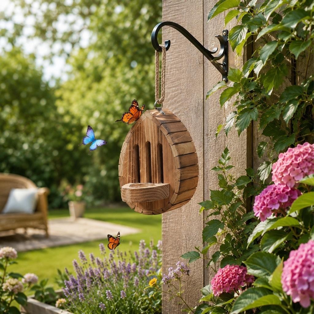 1x Butterfly House for Outside Teardrop-Shaped Wooden Butterfly Habitat & Feeder
