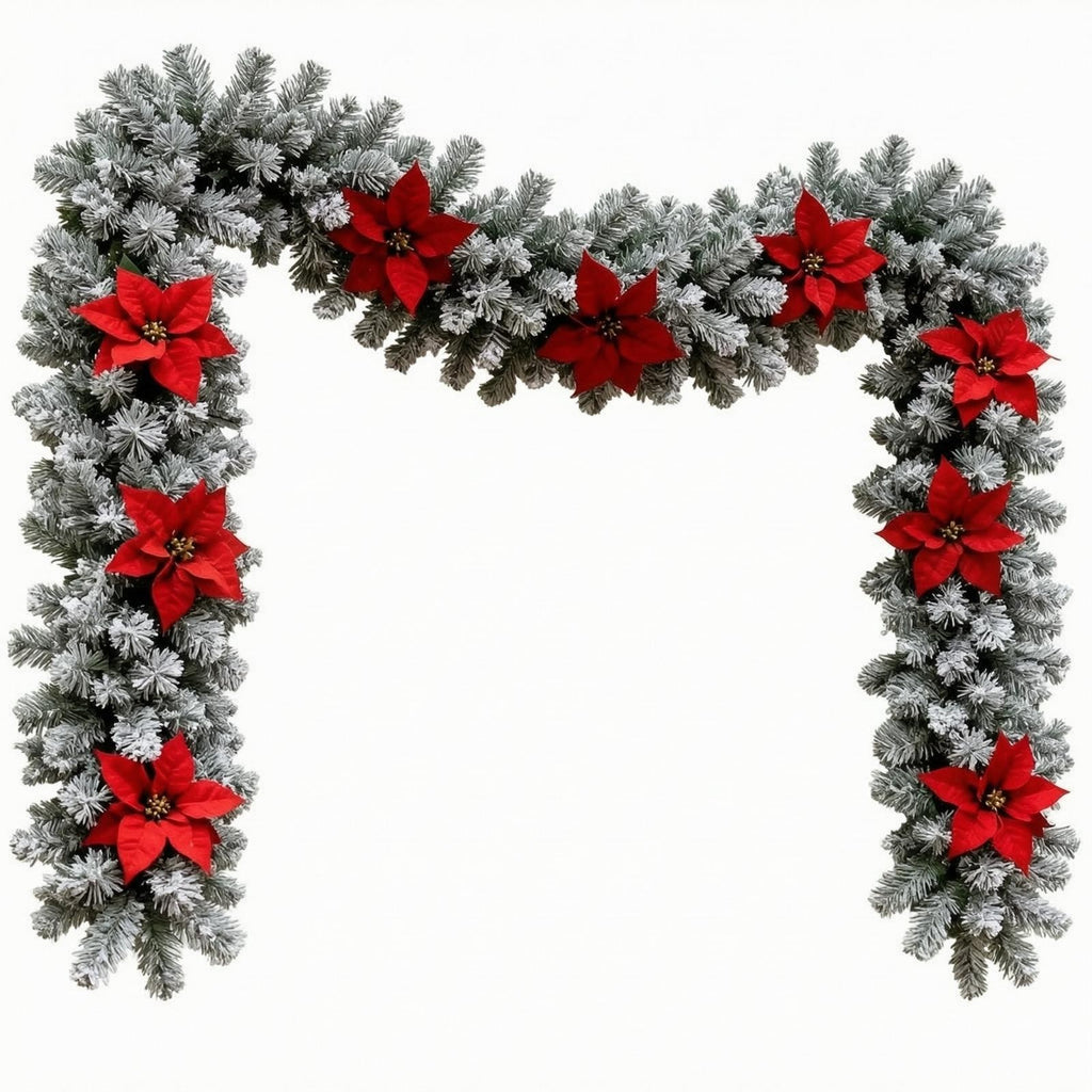 Fir Garland with Poinsettias Winter Decorations Flexible for Mantel
