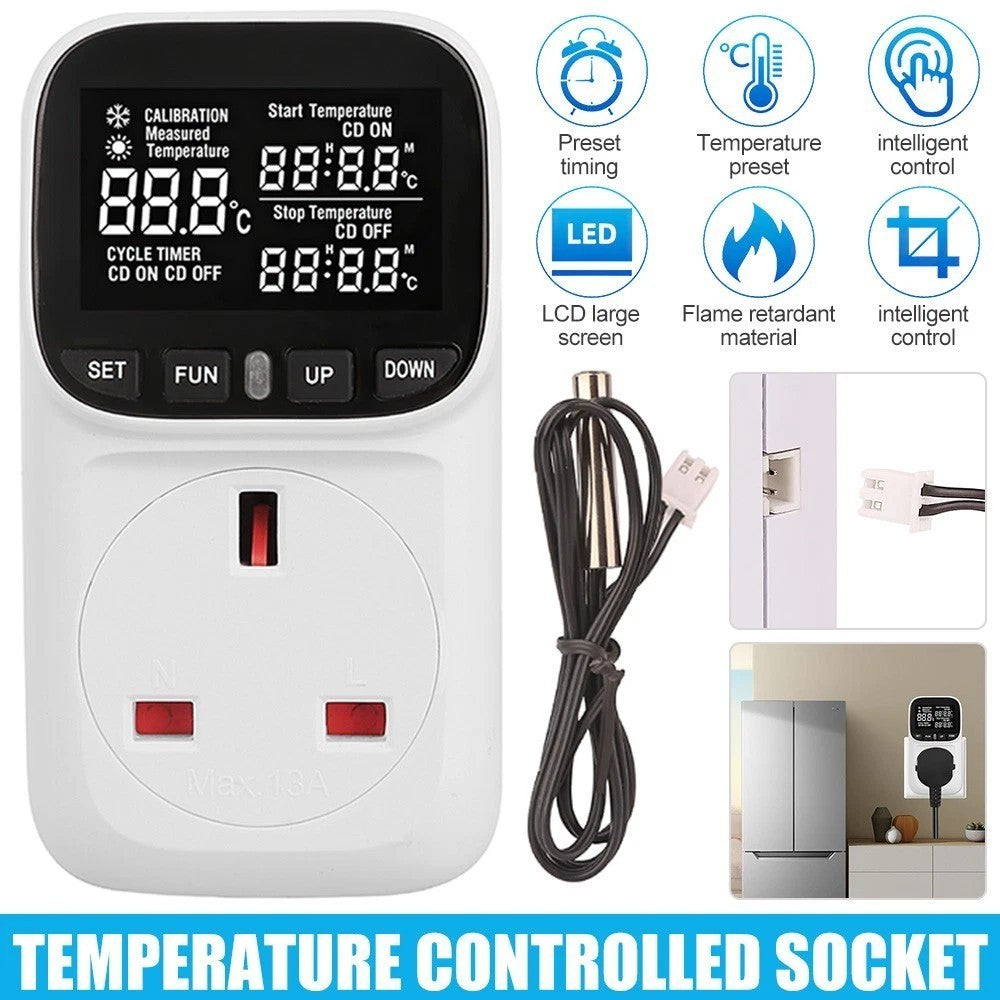 Digital Thermostat Temperature Controller Sensor Socket Timer Meter UK Plug