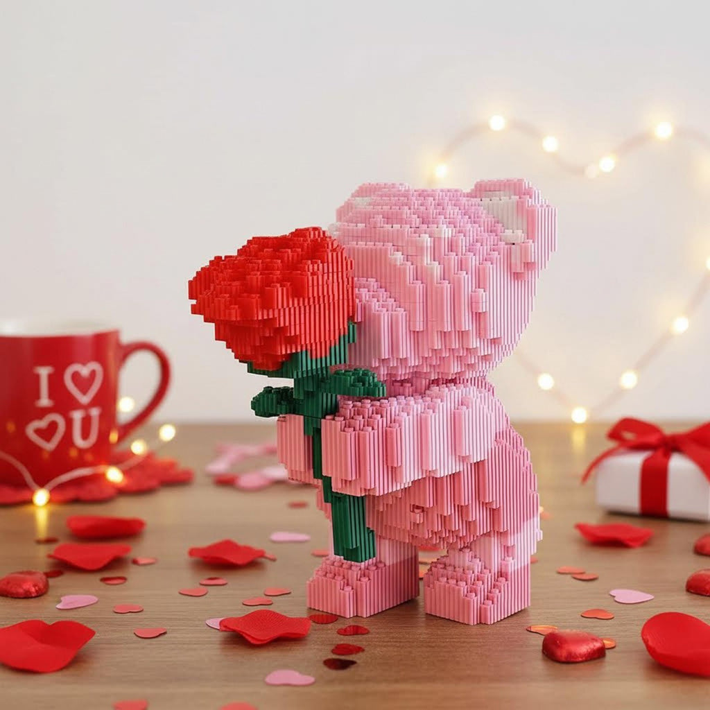 DIY Bear Micro Building Block Toy with Rose Gift for Adults & Boys & Girls