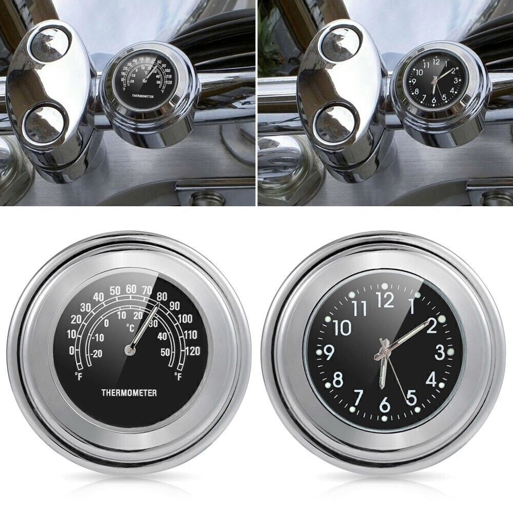 2x Handlebar Clock Chrome Motorcycle Bike Waterproof Dial Glow Watch Thermometer