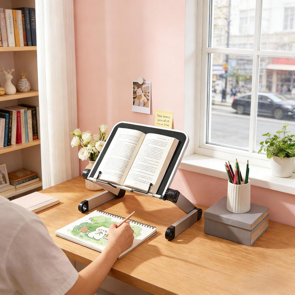 Reading Book Holder Stand, 360° Rotating Base Adjustable & Foldable Design